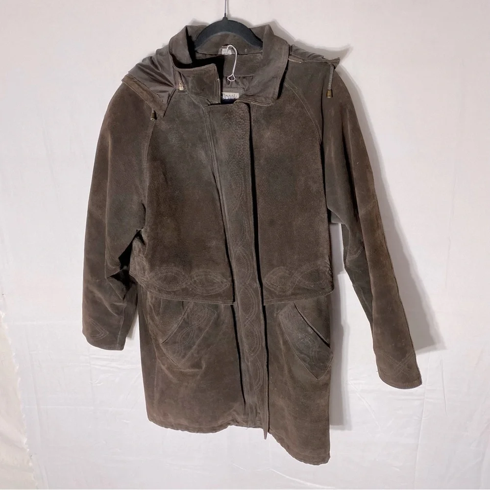 Vintage 90s Outlook Brown Suede Leather Coat With Drawstring Waist M - Picture 16 of 16